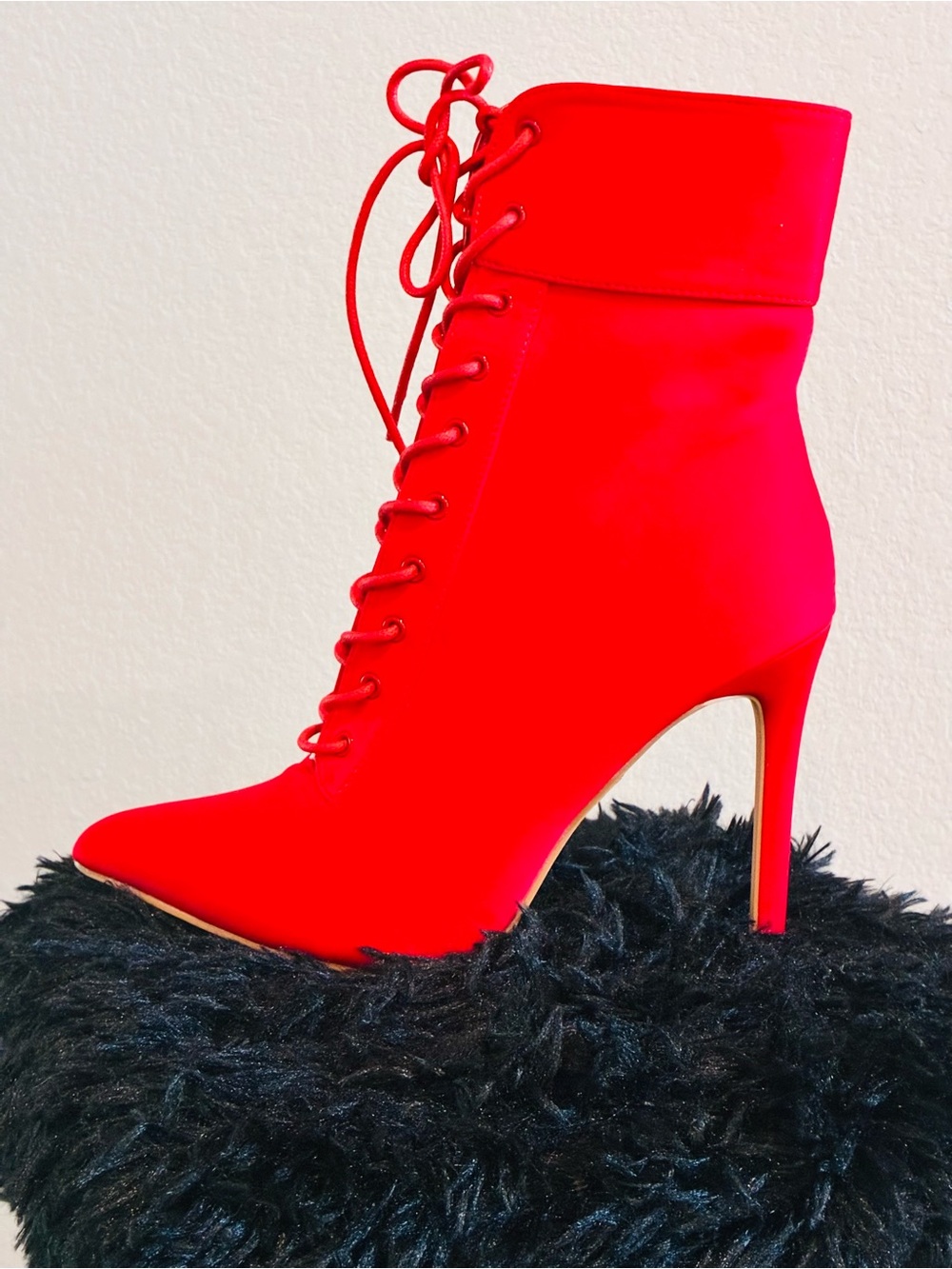 Red Lace-Up Pointed Toe Stiletto Ankle Boots